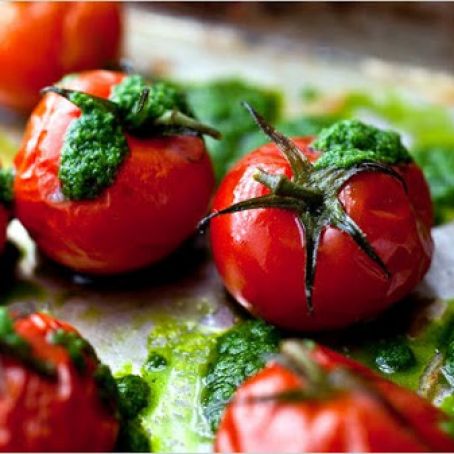 SLOW ROASTED CHERRY TOMS w/BASIL OIL